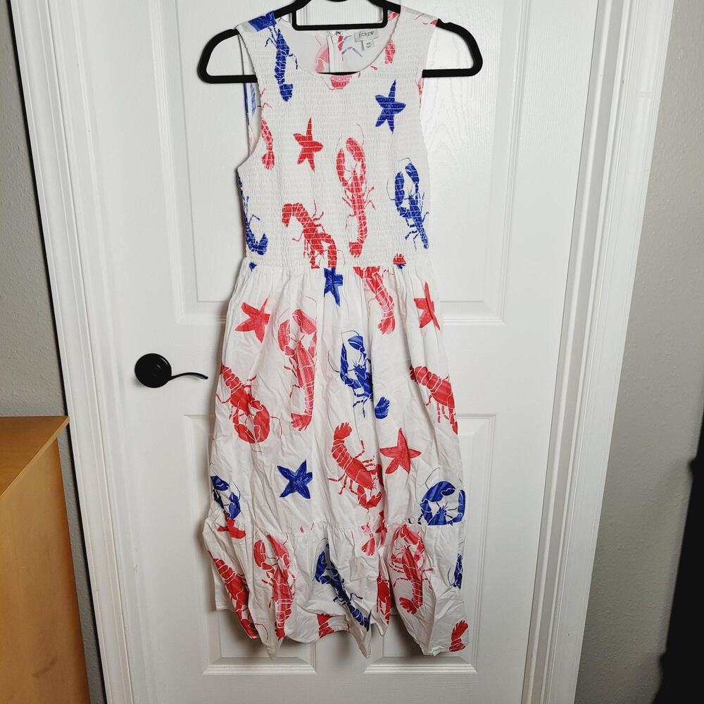 J Crew Dress Womens XS White Red Blue Lobster Starfish Print Sleeveless Pockets